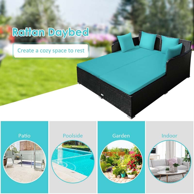 Rattan Wicker Outdoor Daybed Patio Furniture Cushioned Sofa Set with Thick Pillows