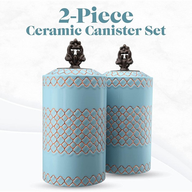 American Atelier 2 piece Ceramic Canister Jars W Engraved Design amp Airtight Stainless steel Lids For Sugar Flour Coffee amp More Blue