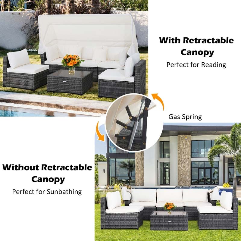 6 Pcs Rattan Patio Sectional Furniture Set Outdoor Safa Couch Set with Retractable Canopy & Cushions