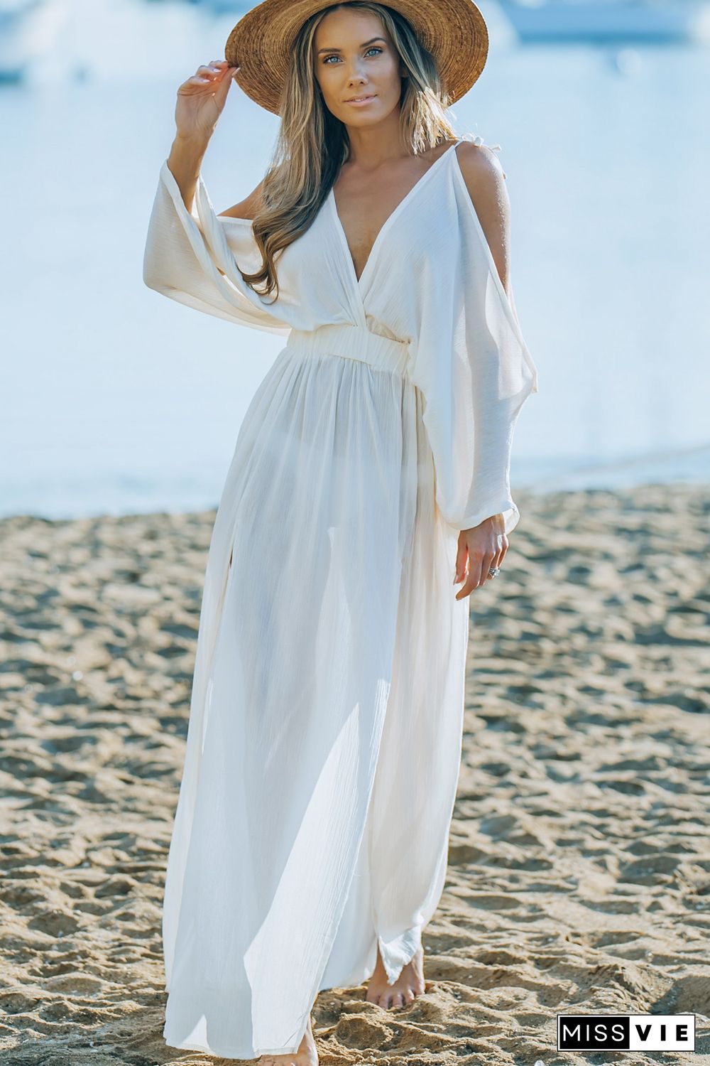 White Cold Shoulder Side Slit Deep V Neck Maxi Dress