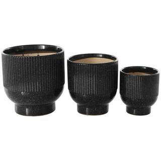 Litton Lane 9 in. 8 in. and 6 in. Small Black Ceramic Speckled Planter with Linear Grooves and Tapered Bases (3-Pack) 045224