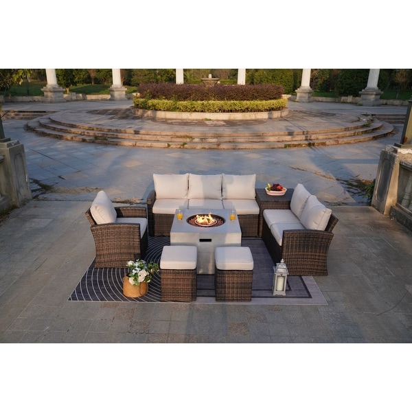 7Piece Patio Brown Rattan Wicker Conversational Sofa Set with Fire Pit Table and Storage Box