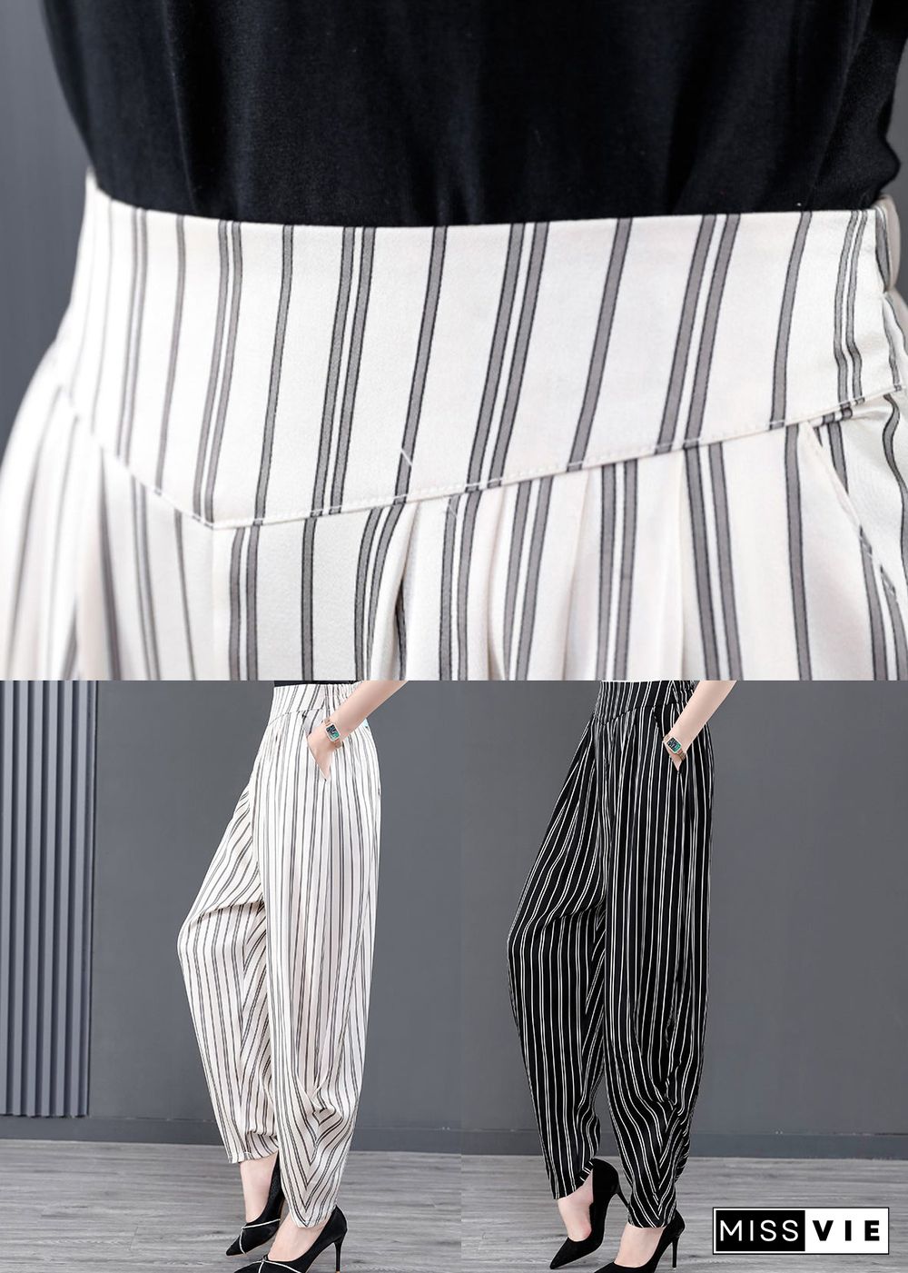 DIY White Striped Pockets Patchwork Chiffon Pants Summer