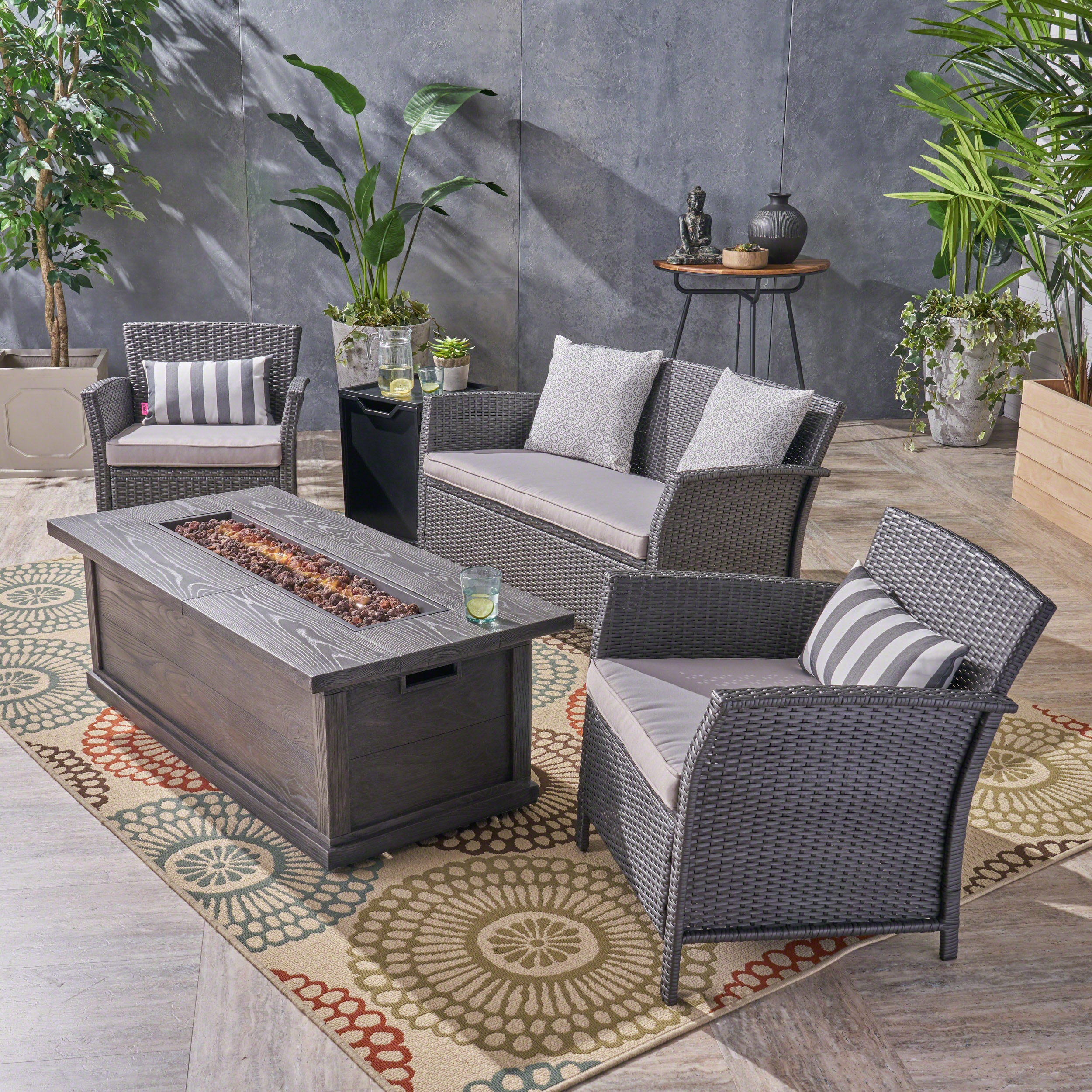 Laiah Outdoor 4 Seater Wicker Chat Set with Iron Fire Pit