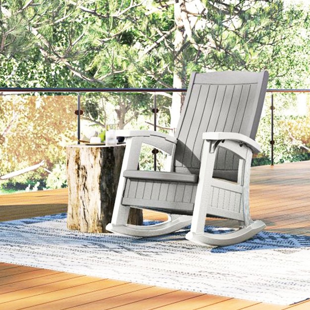 Suncast Outdoor Lightweight Portable Rocking Chair With 7 Gallon In seat Storage Porch Patio Deck Furniture 375 Pound Capacity Dove Gray 2 Pack