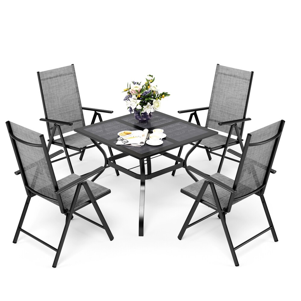 PHI VILLA 5 Piece Square Steel Table   Textilene Reclining Folding Sling Chair Patio Dining Sets