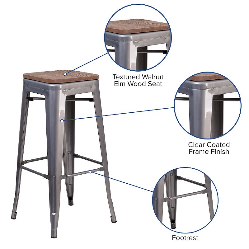 Merrick Lane Set of 4 Hamburg 30 Inch Tall Clear Coated Metal Bar Counter Stool With Textured Elm Wood Seat