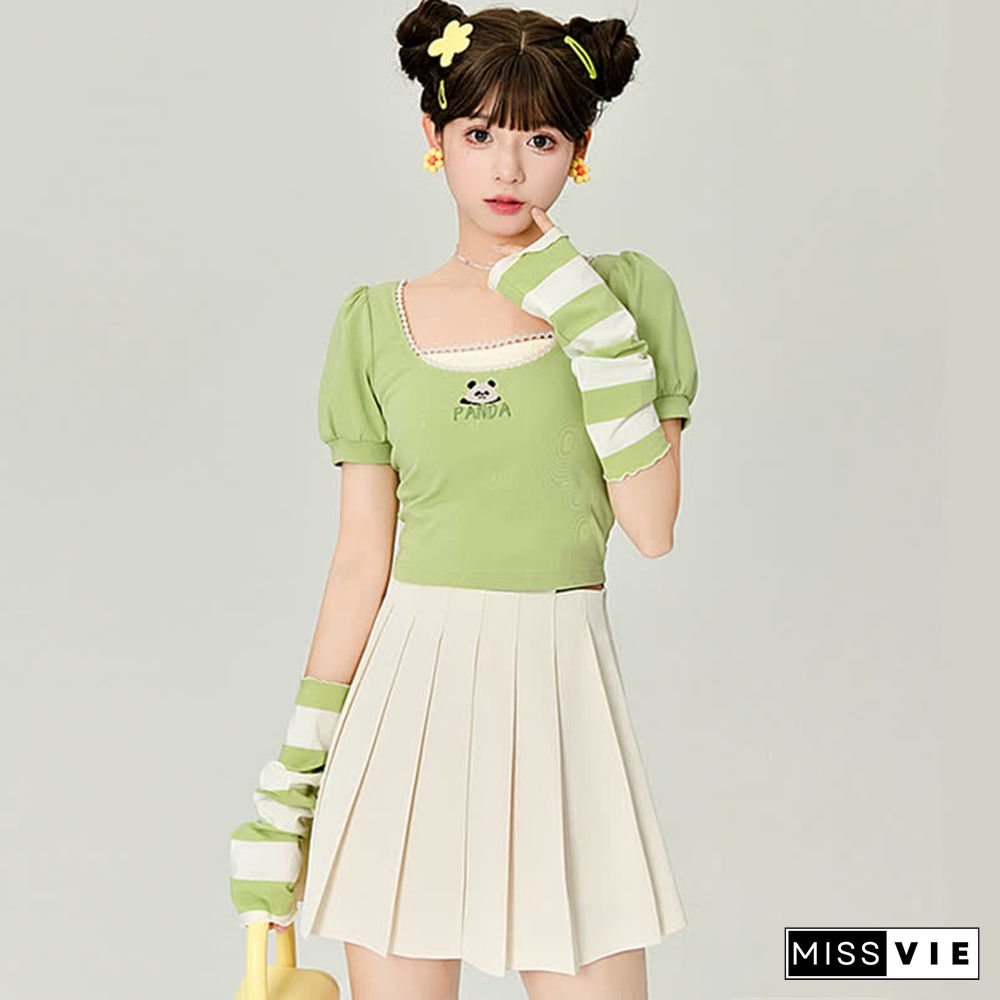 Cartoon Panda Embroidery Square Collar T-Shirt Overalls Shorts