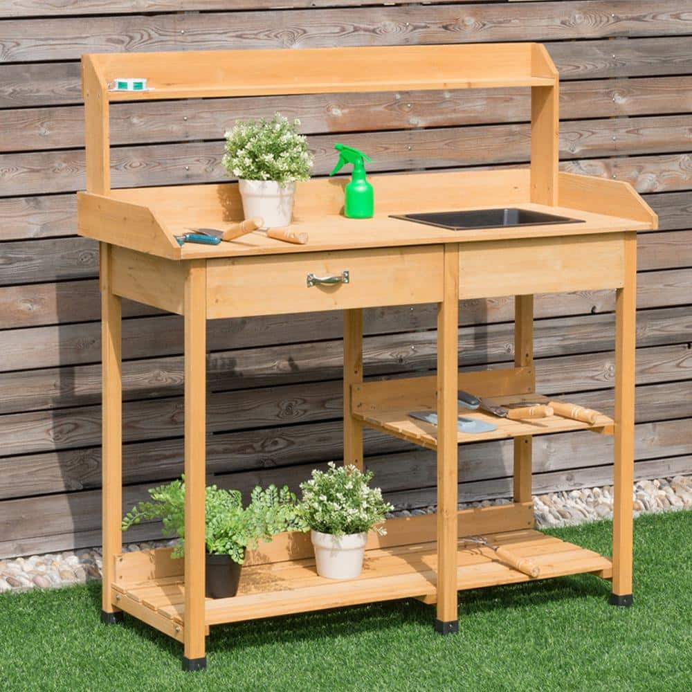 WELLFOR Outdoor Wooden Plant Stand Work Station with Drawer and Sink GT-HPY-3203