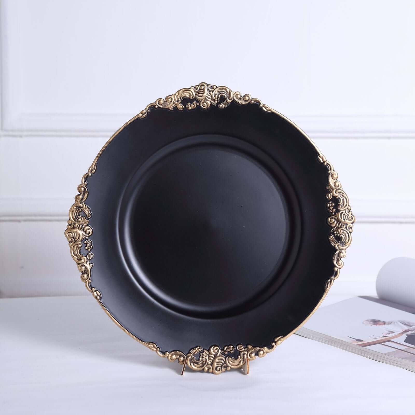 6 Pack Matte Black Gold Embossed Baroque Round Charger Plates With Antique Design Rim 13