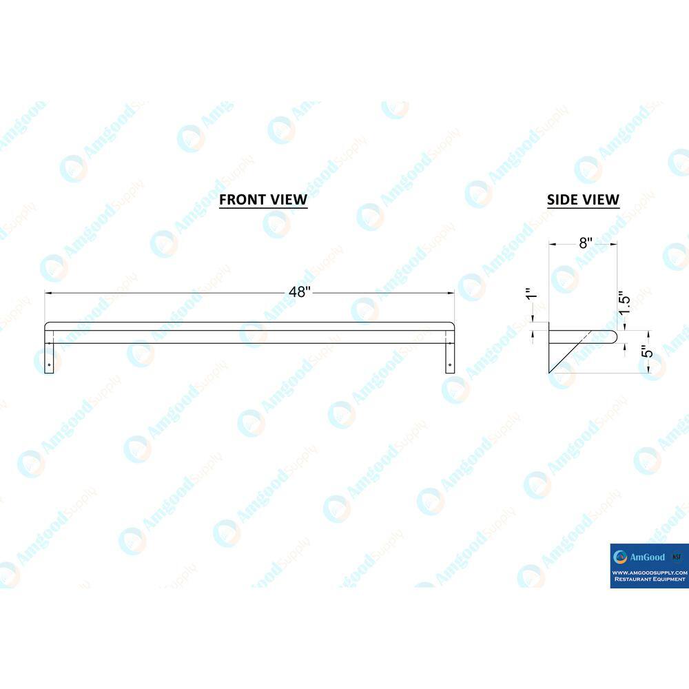 AMGOOD 8 in. x 48 in. Stainless Steel Wall Shelf. Kitchen Restaurant Garage Laundry Utility Room Metal Shelf with Brackets AMG WS-0848