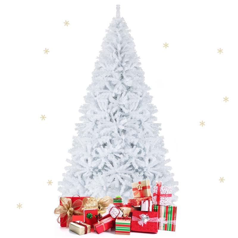 6/7.5/9FT White Hinged Artificial Christmas Tree, Premium Unlit Spruce Full Tree with Metal Stand