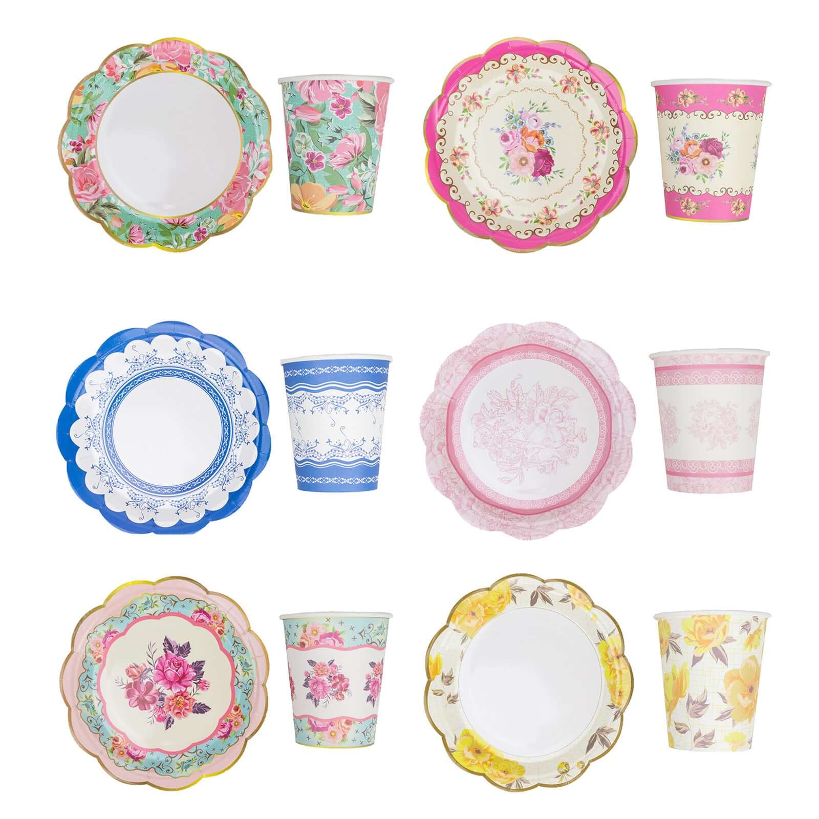 24 Pack Vintage Mixed Floral Paper Cup And Saucer Set, Disposable Tea Party Supplies Kit