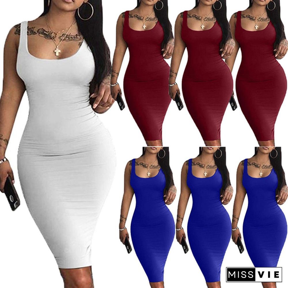 Summer Sexy Cool Womens Ladies Sleeveless Solid Slim Hot Long Dress Evening Party Beach Bodycon Dresses Sundress