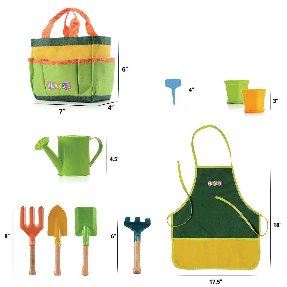 Kids Gardening Tool Set 12 PCS - Includes Shovel, Rake, Fork, Trowel, Apron, Gloves, Watering Can and Tote Bag - Wooden Gardening Tools for Kids - Play22USA