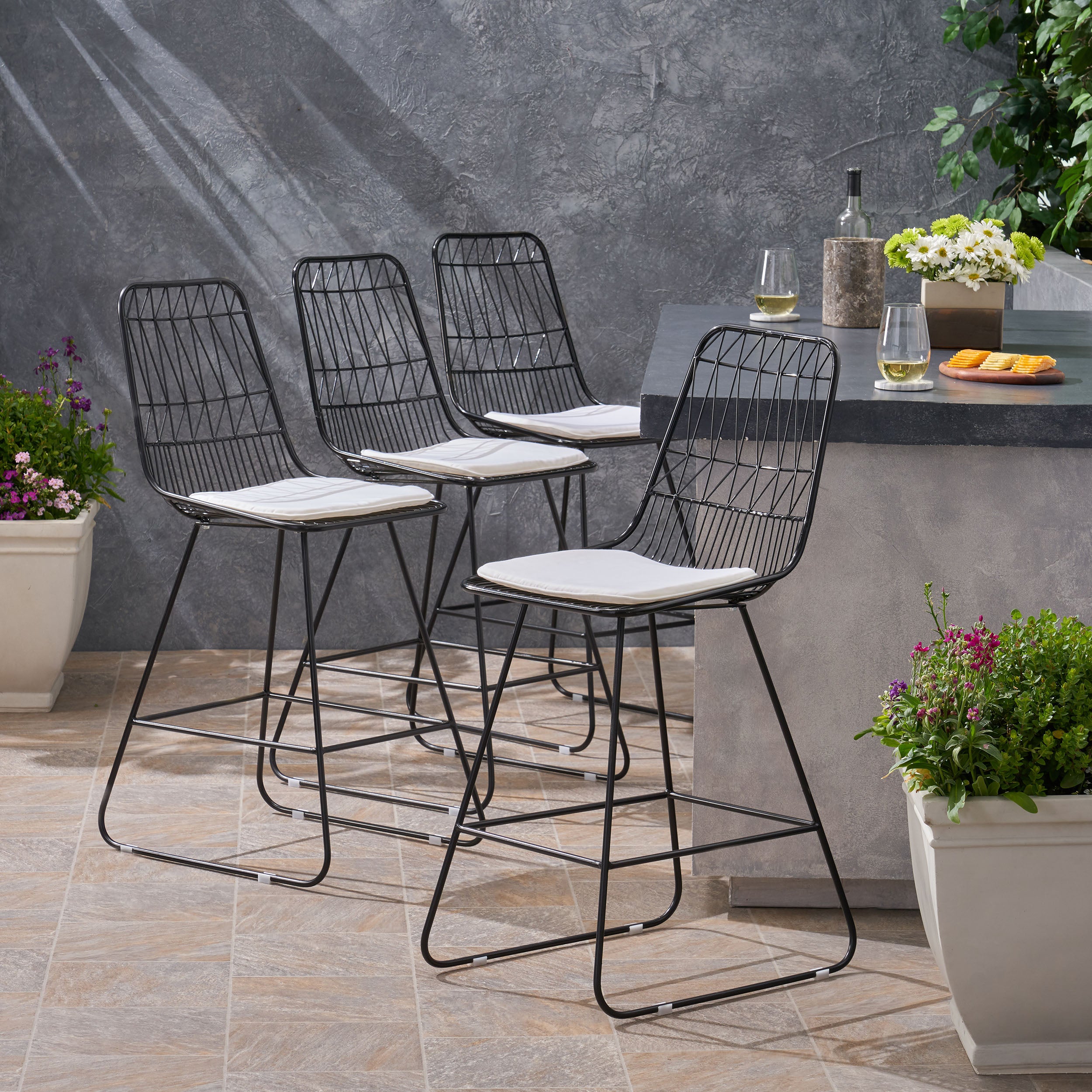 Hedy Outdoor Wire Counter Stools with Cushions (Set of 4)