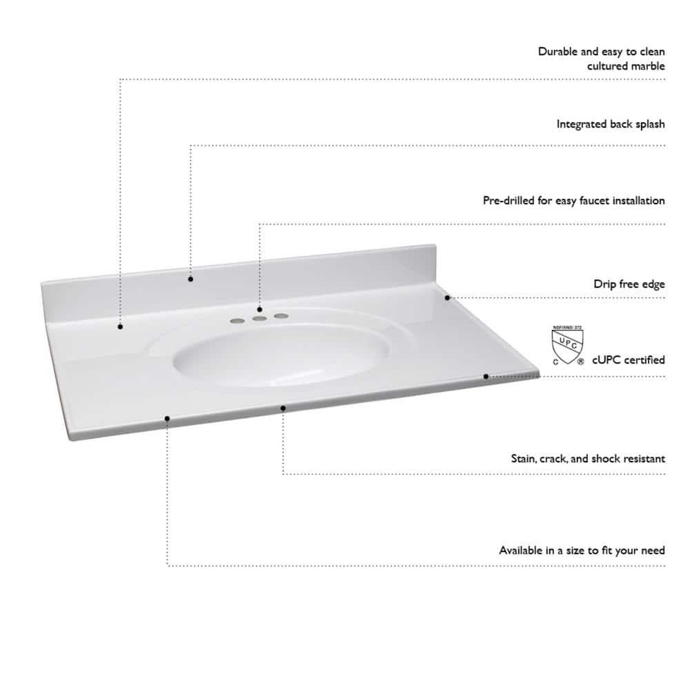 Design House 49 in W x 19 in D Cultured Marble Vanity Top in Solid White with Solid White Basin with 4 in Faucet Spread