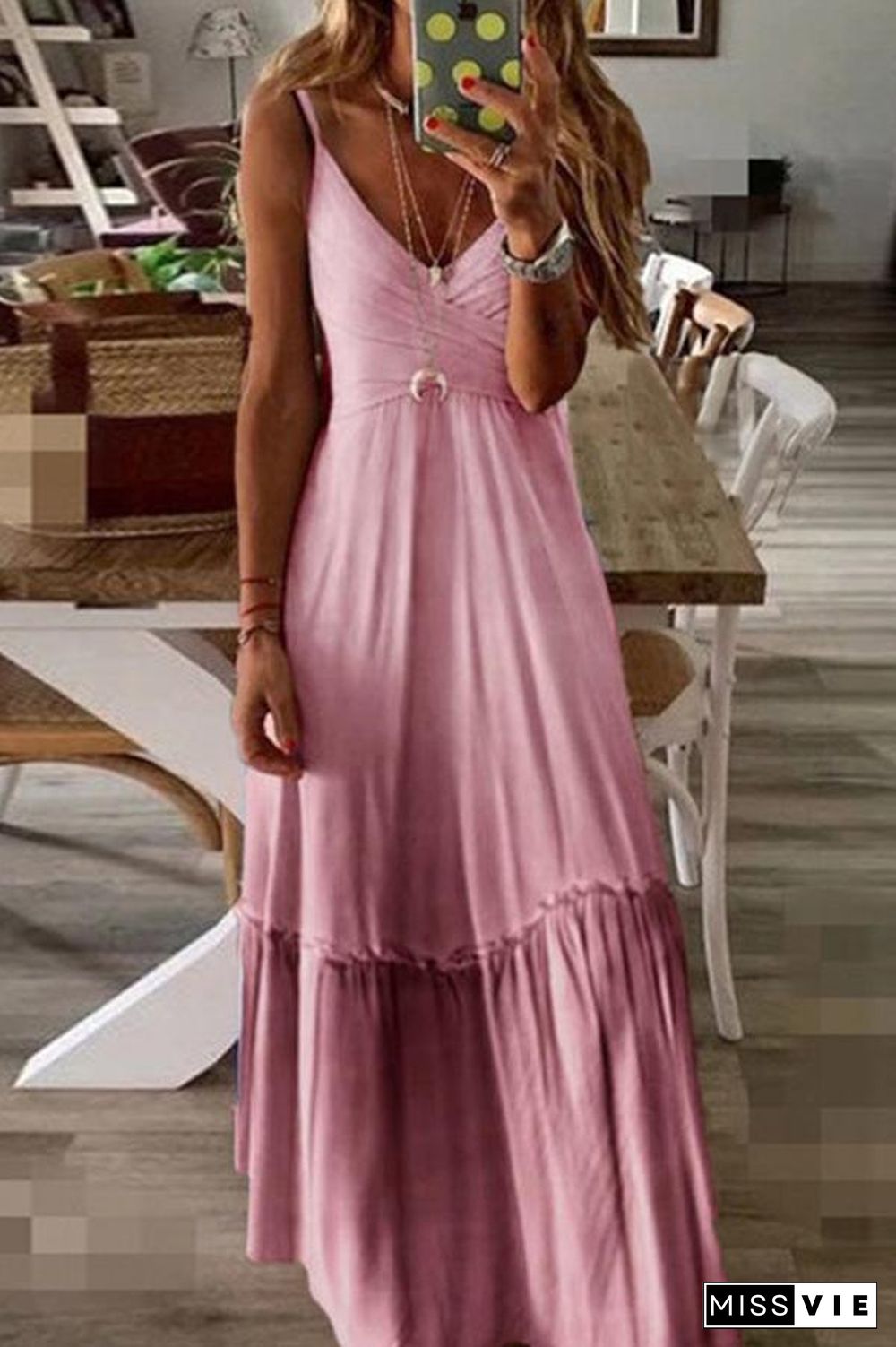 Gradient V-neck Pleated Long Maxi Dress (3 Colors) P12182