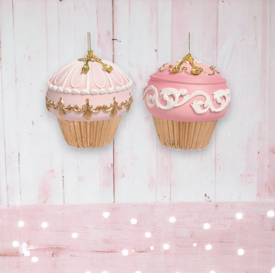 3.5 Pink & Gold Cupcake Ornaments Assorted Set Of 2