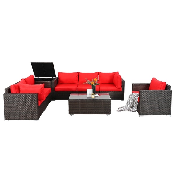 8Pieces Brown Wicker Outdoor Sectional Set with Glass Coffee Table