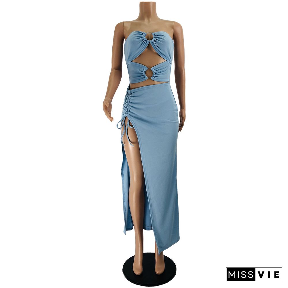 Strapless Cut Out Drawstring High Split Maxi Dresses