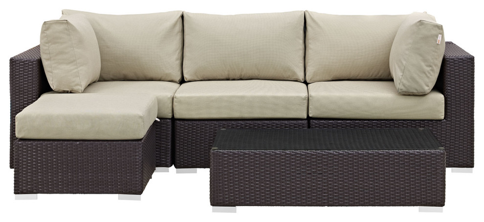 Espresso Beige Convene 5 Piece Outdoor Patio Sectional Set   Tropical   Outdoor Lounge Sets   by Morning Design Group  Inc  Houzz