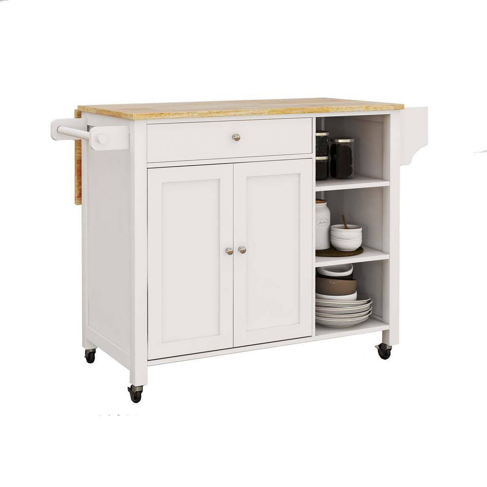 Double Door Kitchen Island White with Lockable Wheels Towel Rack Storage Drawer and 3-Open Shelves LN1228CA-K1