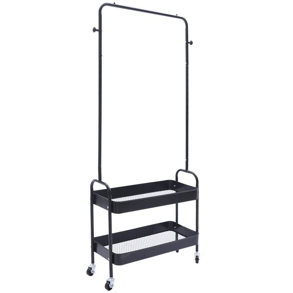 YIYIBYUS 2-Tier Carbon Steel 4-Wheeled 2-In 1 Freestanding Garment Rack in Black HG-WMT-8549