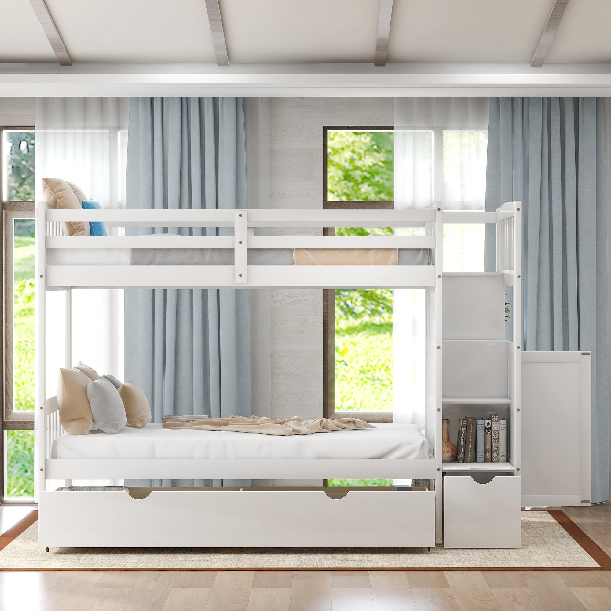 Modern Twin Bunk Bed with Drawer and Cabinet for Kids Bedroom, White