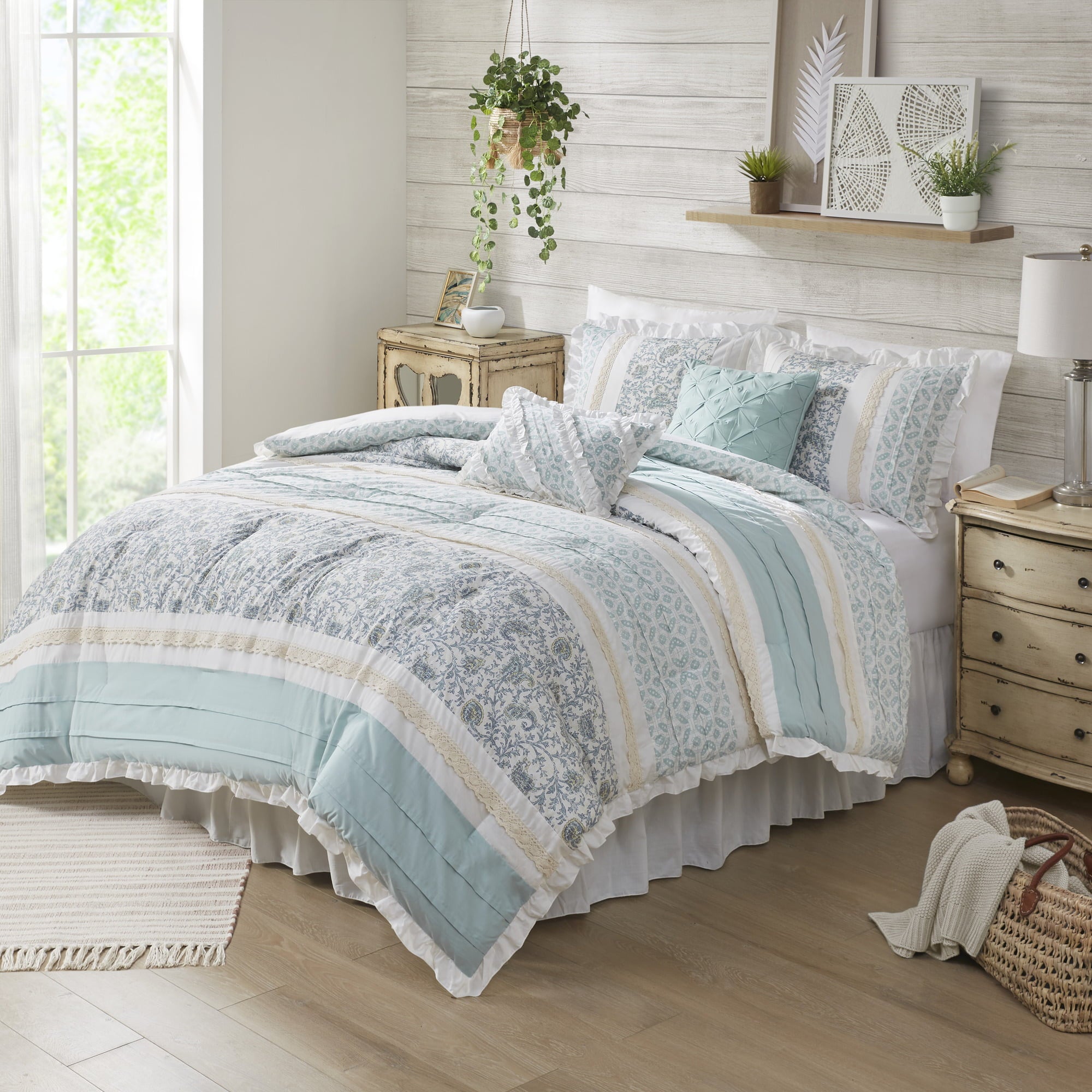 Madison Park Scarlett Cotton 6-Piece Blue Down Alternative Comforter Set， Queen