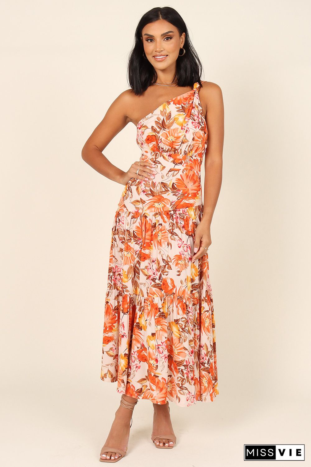 Orange Floral Print Pleated One Shoulder High Waist Maxi Dress