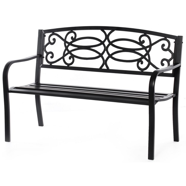 Gardenised Steel Outdoor Patio Garden Park Seating Bench With Cast Iron Scrollwork Backrest Front Porch Yard Bench Lawn Decor