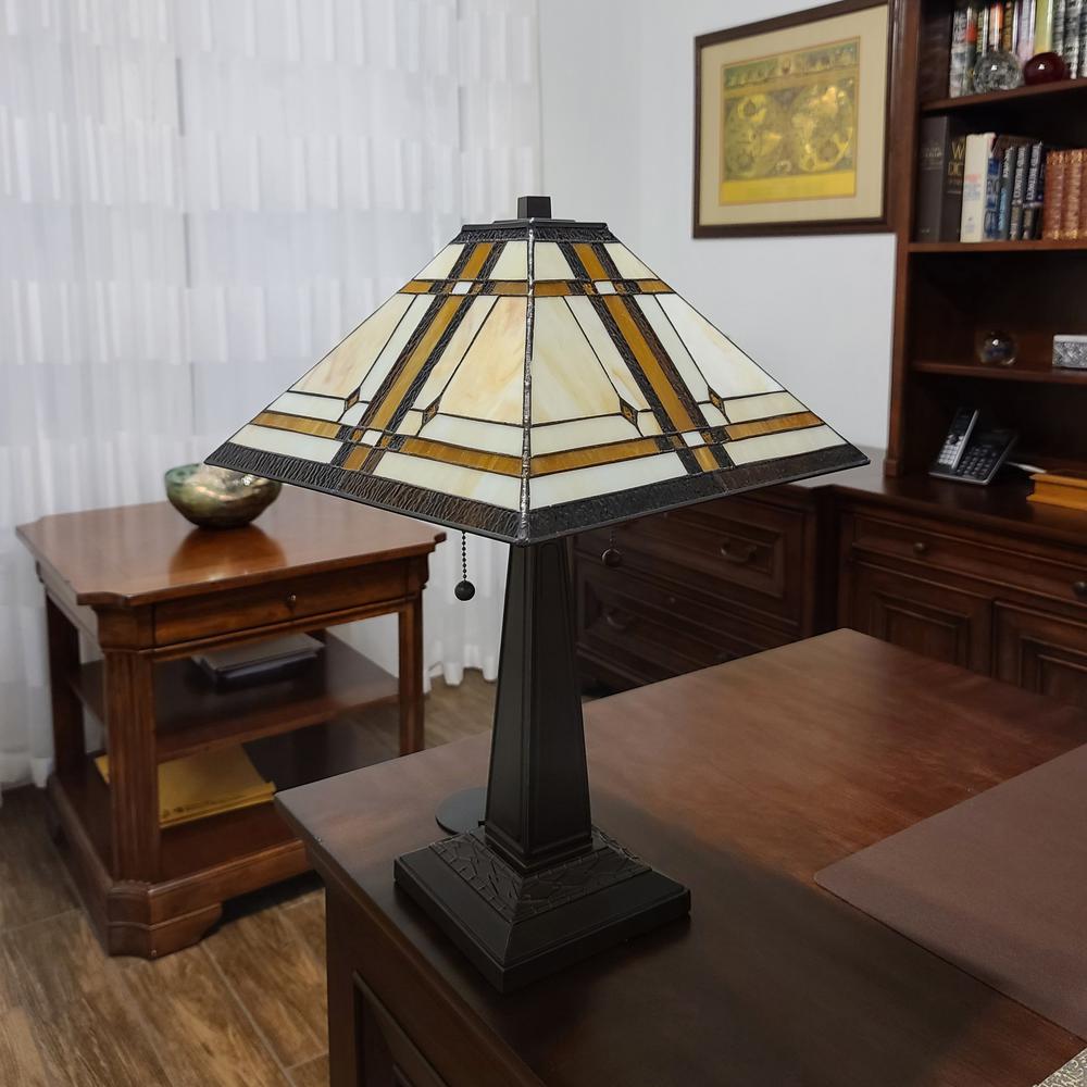 23" White Amber and Brown Stained Glass Two Light Mission Style Table Lamp