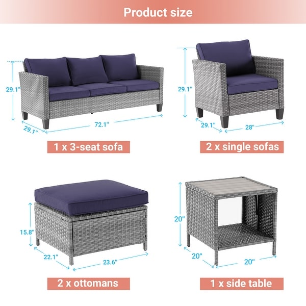 AOOLIMICS 6Pcs Patio Outdoor Furniture Gray Rattan Ottoman Seating Sofa Set