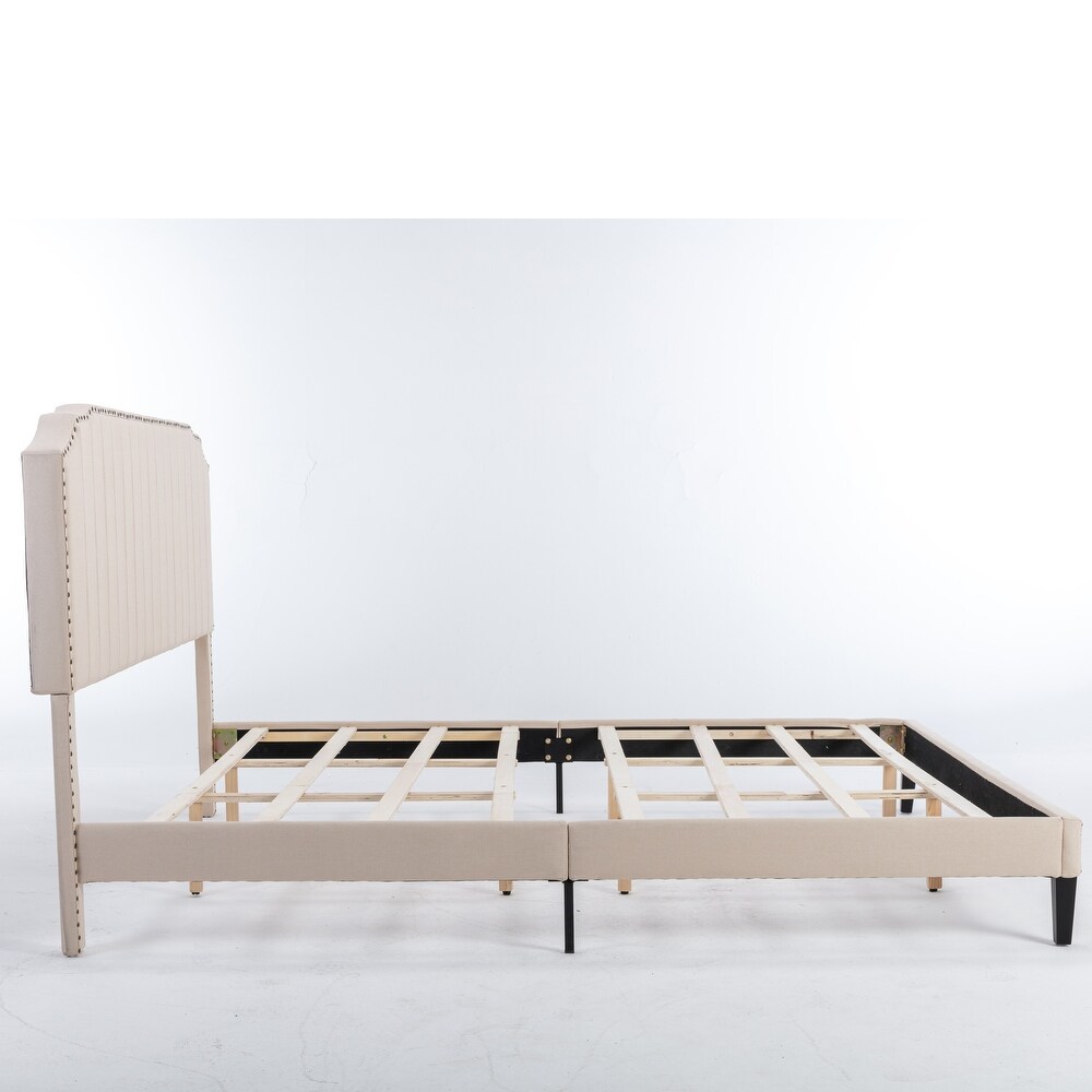 Modern Linen Platform Bed with Nailhead Trim   Easy Assembly