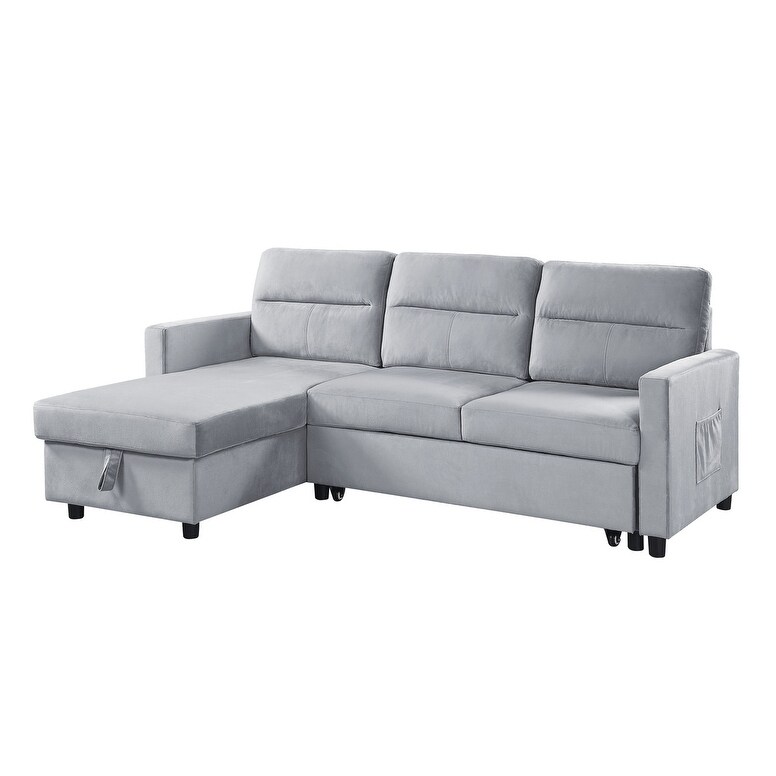 Ruby Light Gray Velvet Reversible Sleeper Sectional Sofa with Storage Chaise and Side Pocket