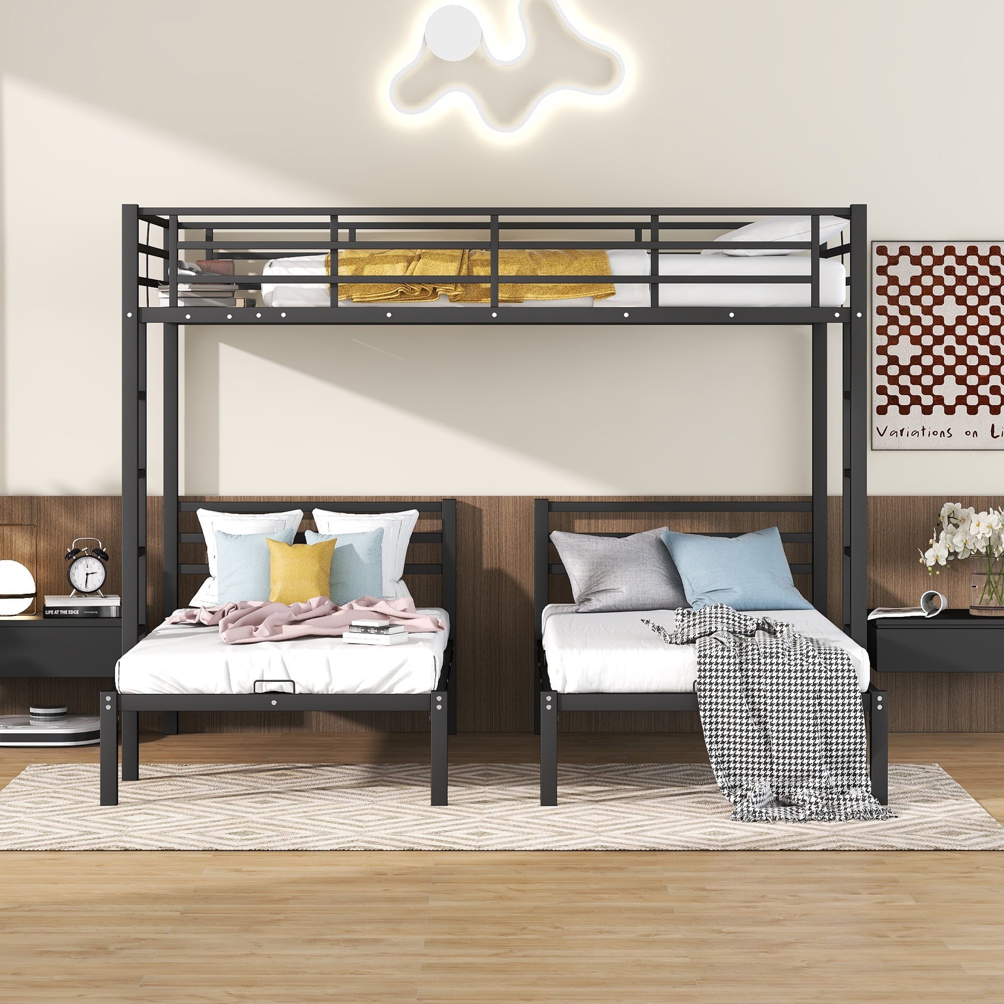 Bellemave Metal Triple Bunk Bed with Ladder, Full over Twin & Twin Bunk Bed for 3 Kids, Teens, Boys & Girl in Bedroom (Black)