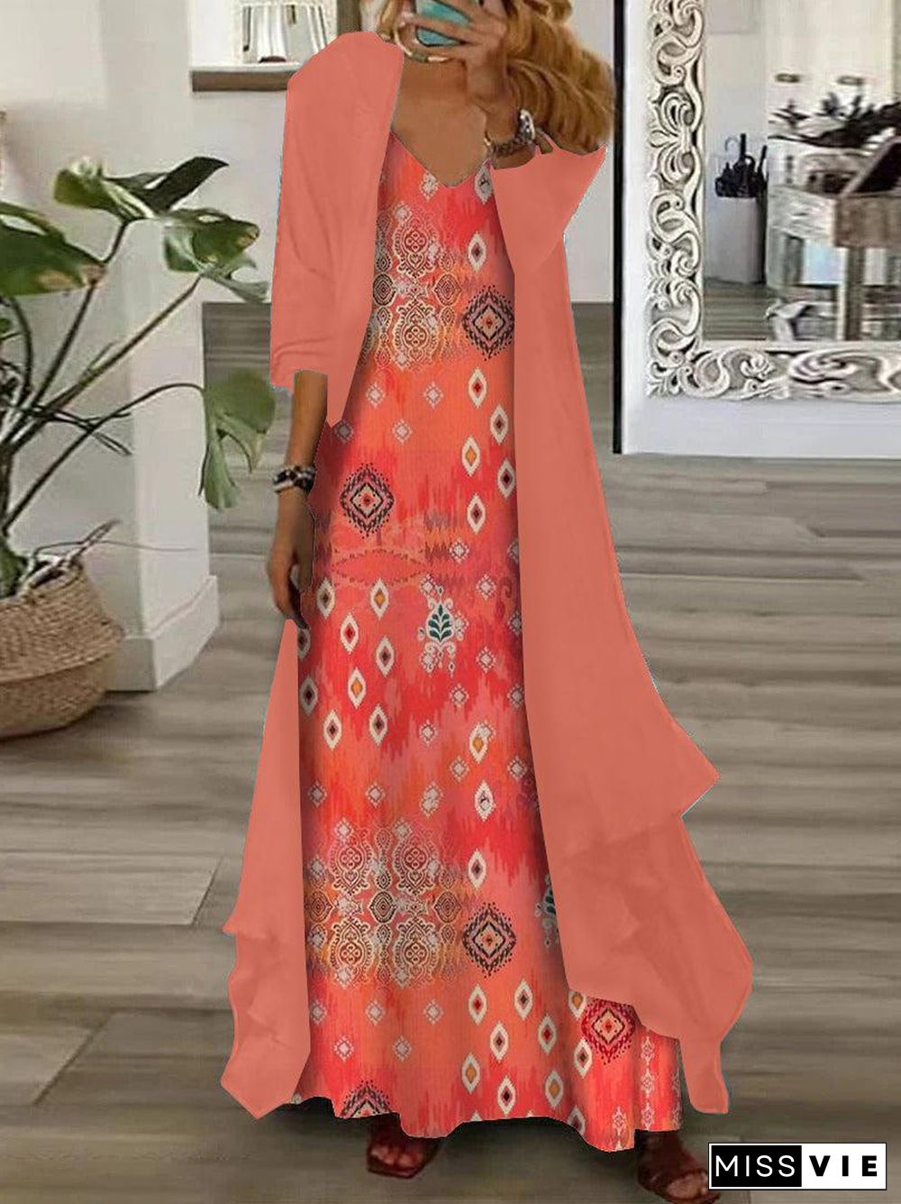 Chic Orange Maxi Dress With Thin Jacket Two Piece Outfits