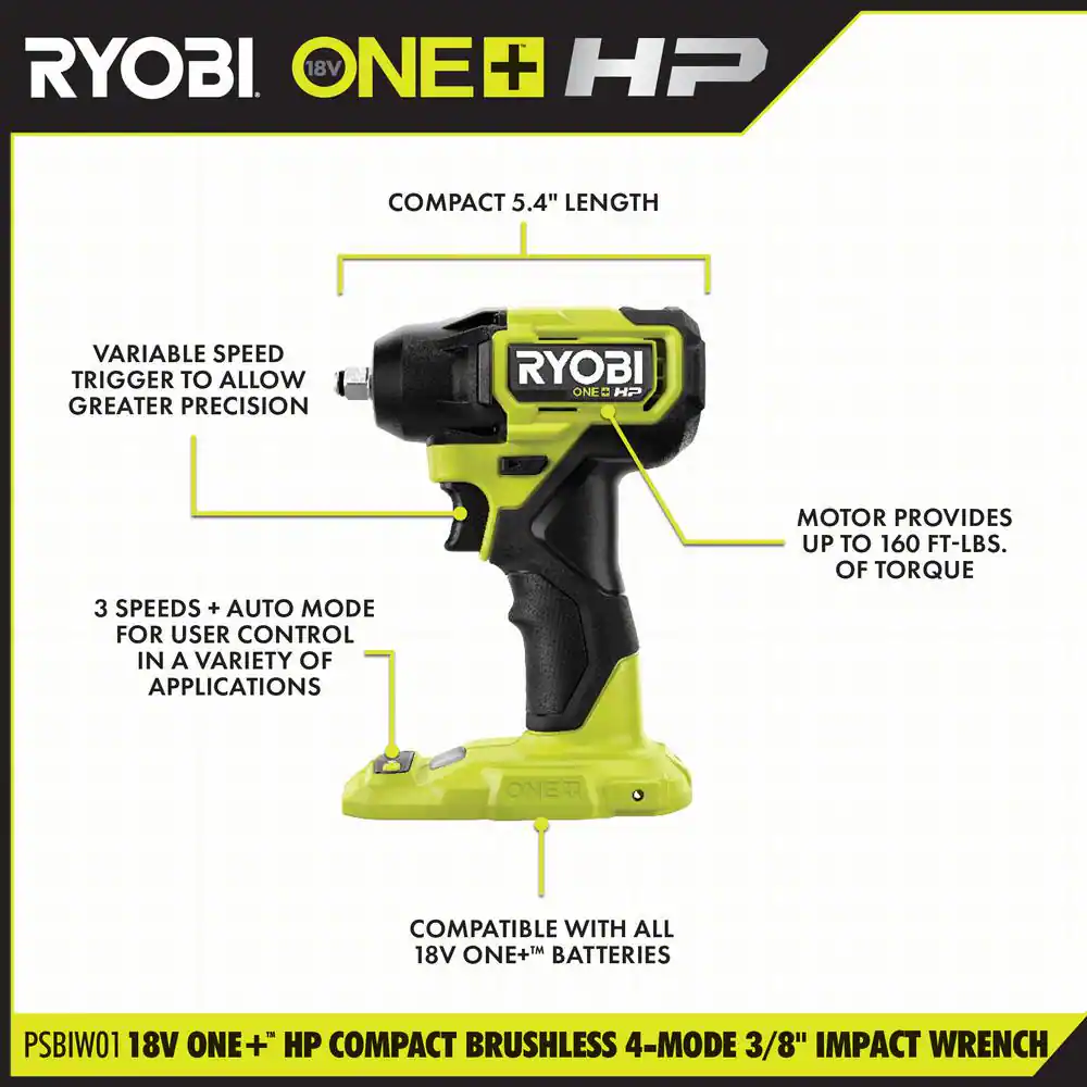 RYOBI PSBIW01B ONE+ HP 18V Brushless Cordless Compact 3/8 in. Impact Wrench (Tool Only)