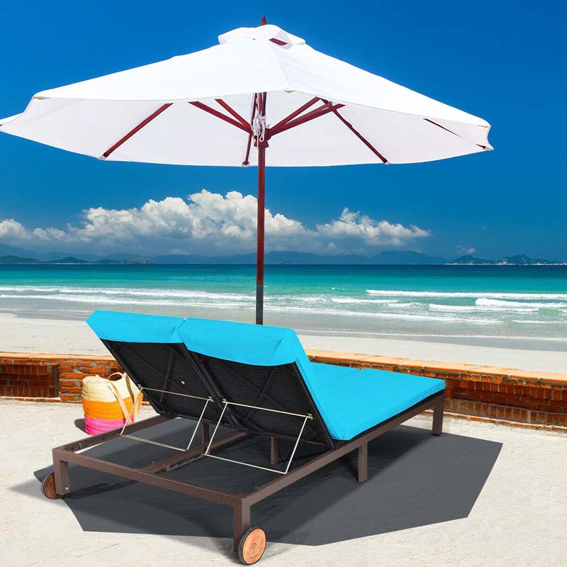 2-Person Rattan Patio Daybed Double Outdoor Chaise Lounge Chair with Adjustable Backrest, Wheels & Cushion