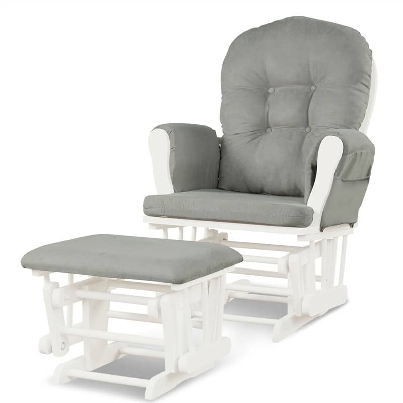 Wood Baby Glider Rocking Chair Nursery Chair with Gliding Ottoman & Storage Pocket