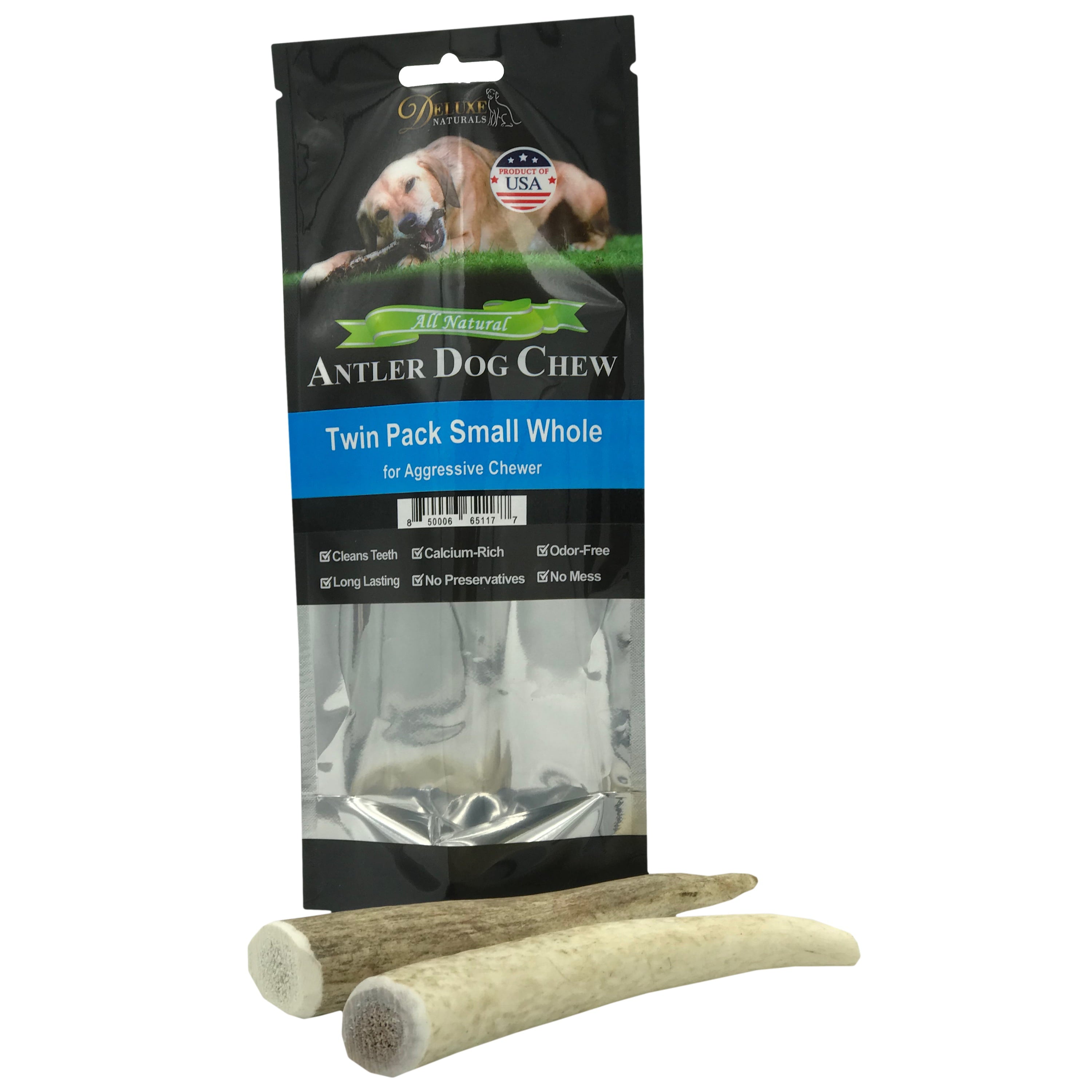 Deluxe Naturals Elk Antler Dog Chew Twin Pack， Small Whole Antlers