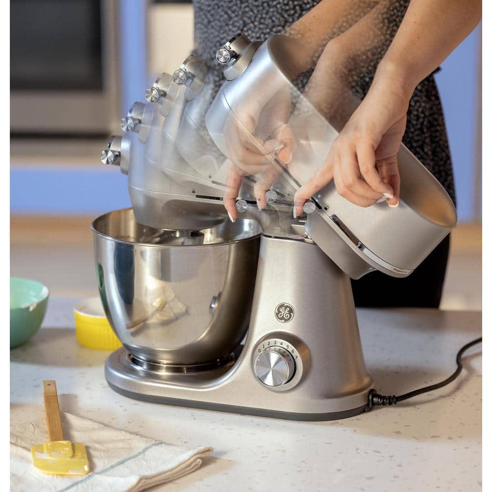 GE 53 Qt 7Speed Stainless Steel Stand Mixer with coated flat beater coated dough hook wire whisk and pouring shield