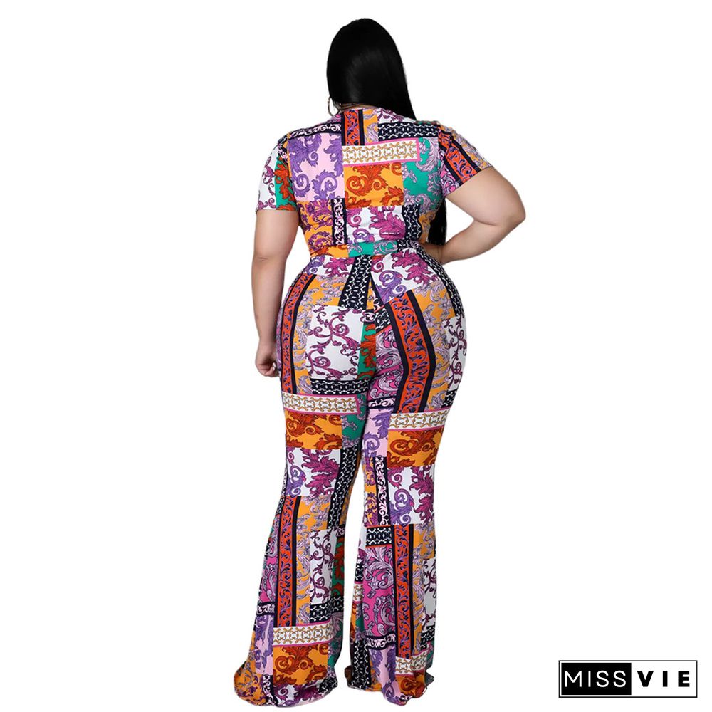 Plus Size Print Short Sleeve Crop Top Flared Pants Suit