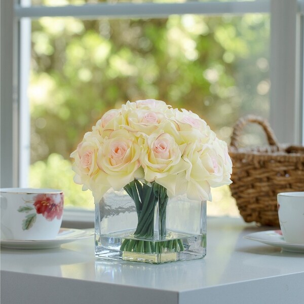 Enova Home Artificial Silk Rose Flowers in Cube Glass Vase with Faux Water for Home Office Decoration