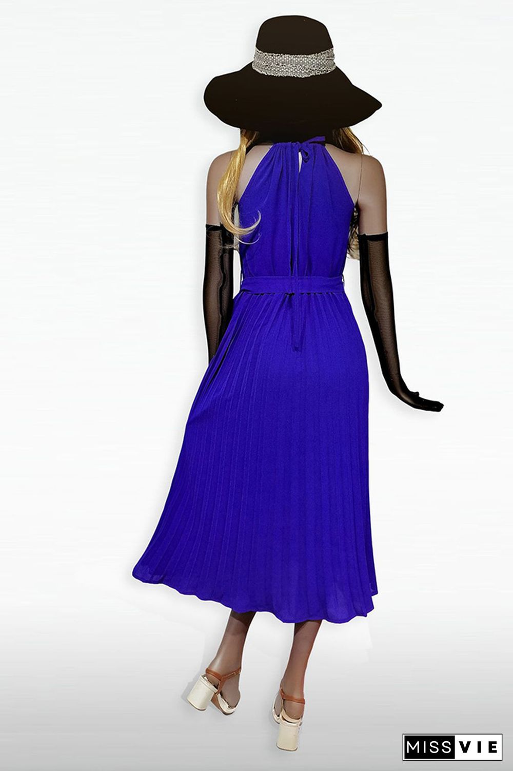 Plain Halter Pleated Maxi Dress With Sash