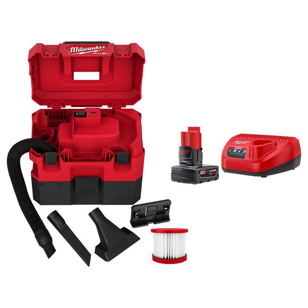 MW M12 FUEL 12-Volt Lithium-Ion Cordless 1.6 Gal. WetDry Vacuum with M12 XC Battery Pack 4.0 Ah and Charger Starter Kit 0960-20-48-59-2440