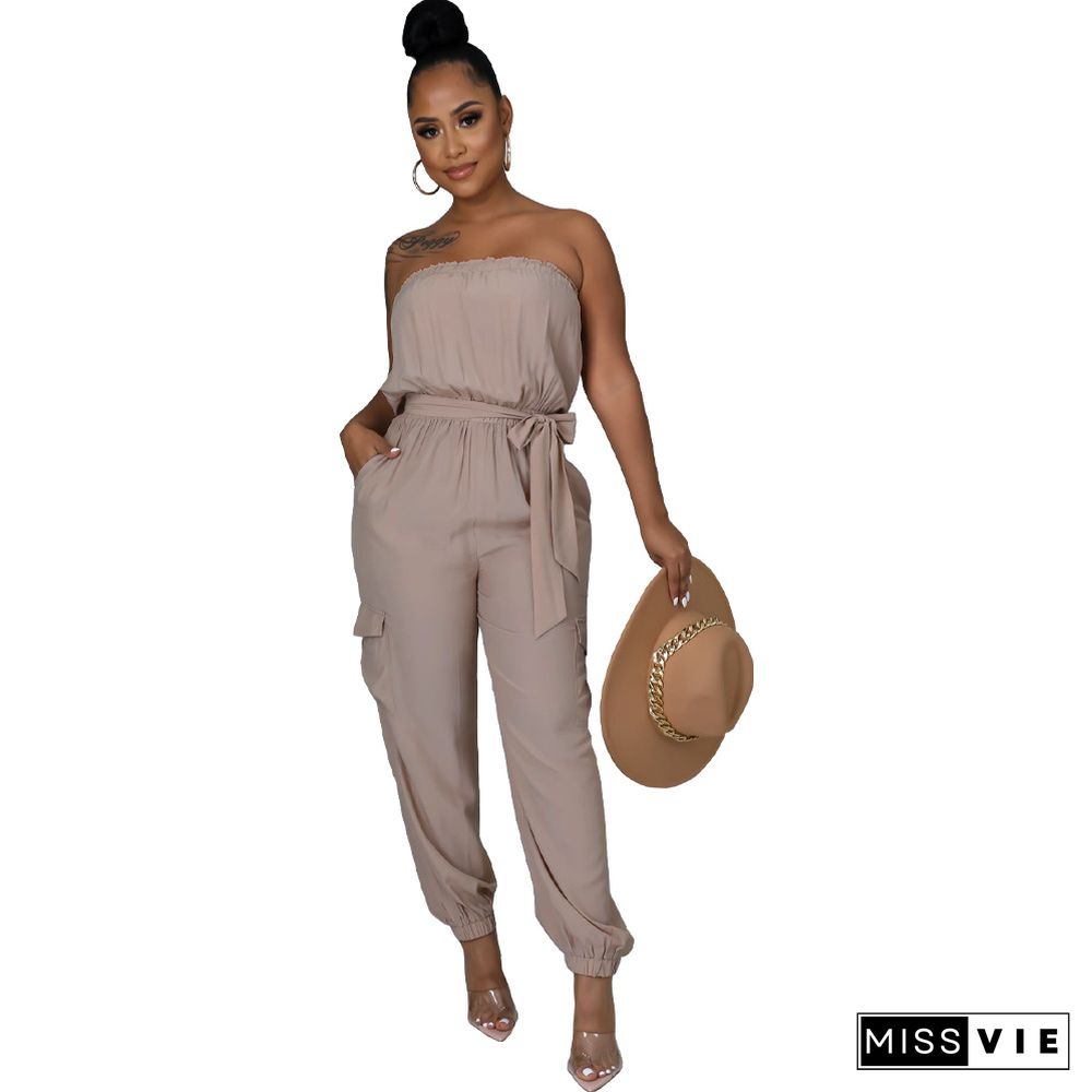 Strapless Lace Up Belts Pockets Overalls Jumpsuits