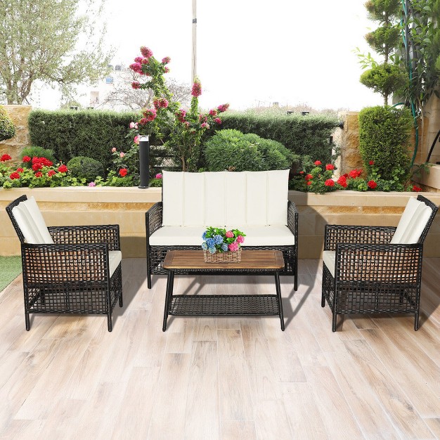 Tangkula 4pcs Cushioned Patio Pe Wicker Conversation Furniture Set W Acacia Wood Tabletop