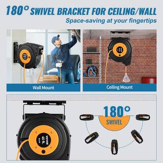 VEVOR Retractable Extension Cord Reel 45 ft. 15 Amp 12AWG3C SJTOW Power Cord w Lighted Outlet 180 Bracket Wall Mount Black SSSJXQMC45FT164EXV1